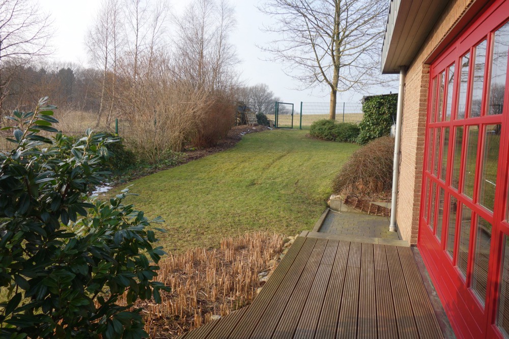 Rasenfläche und Holzterrasse neben dem Gebäude vor der Neugestaltung